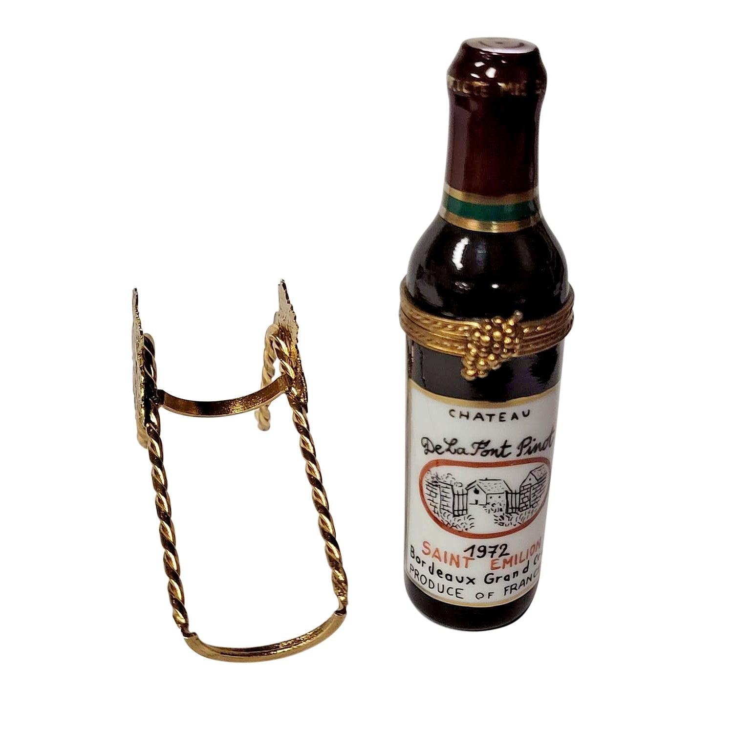 Red Wine Bottle with Brass Holder Porcelain Limoges wine spirits French Trinket Box