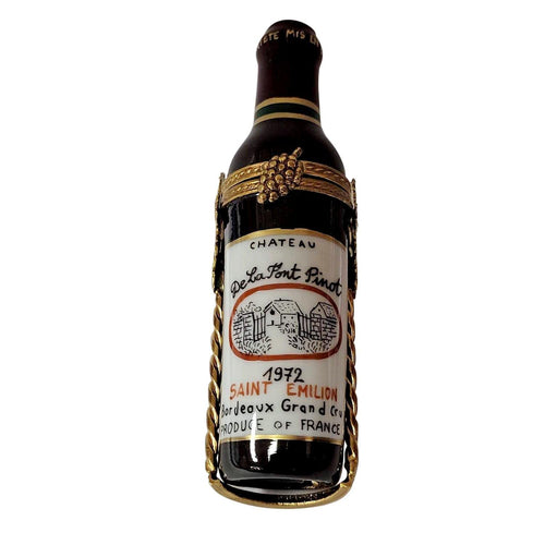 Red Wine Bottle with Brass Holder Porcelain Limoges wine spirits French Trinket Box