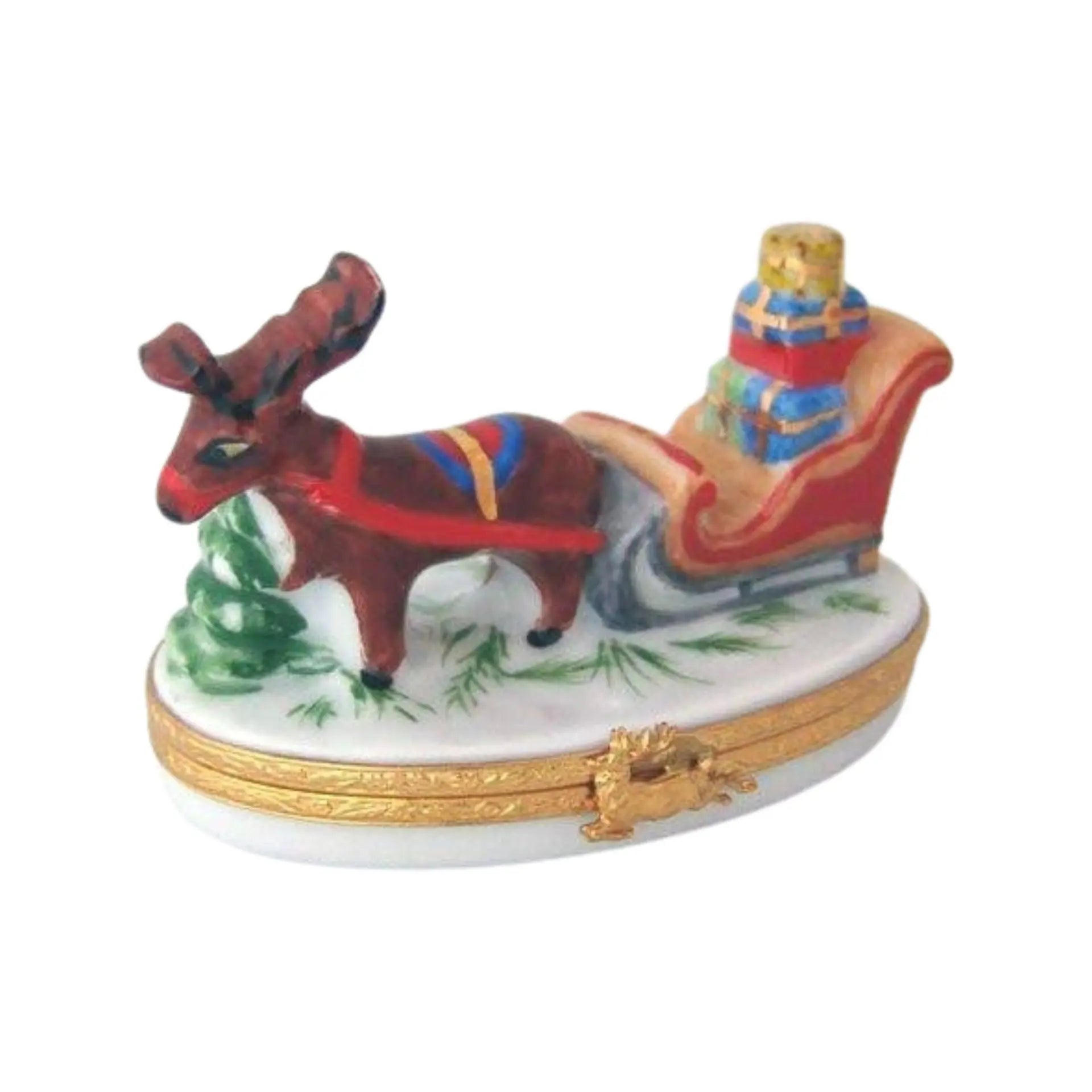 Reindeer Porcelain Limoges xmas theme santa claus French Trinket Box