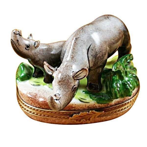 Rhino and Baby Porcelain Limoges Limoges Boxes wild animals French Trinket Box