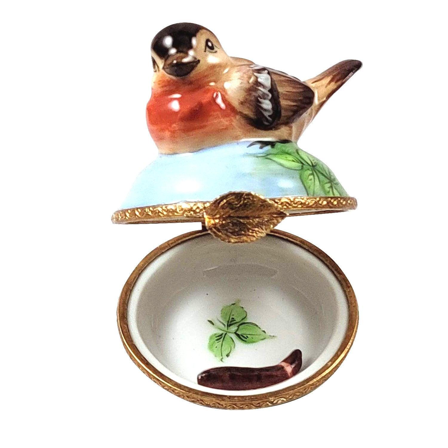 Robin Bird w Removable Worm Porcelain Limoges bird French Trinket Box