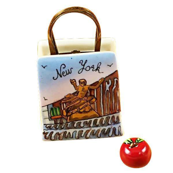 Rockefeller Shopping Bag w Apple Porcelain Limoges fashion purse bag Limoges Box French Trinket Box