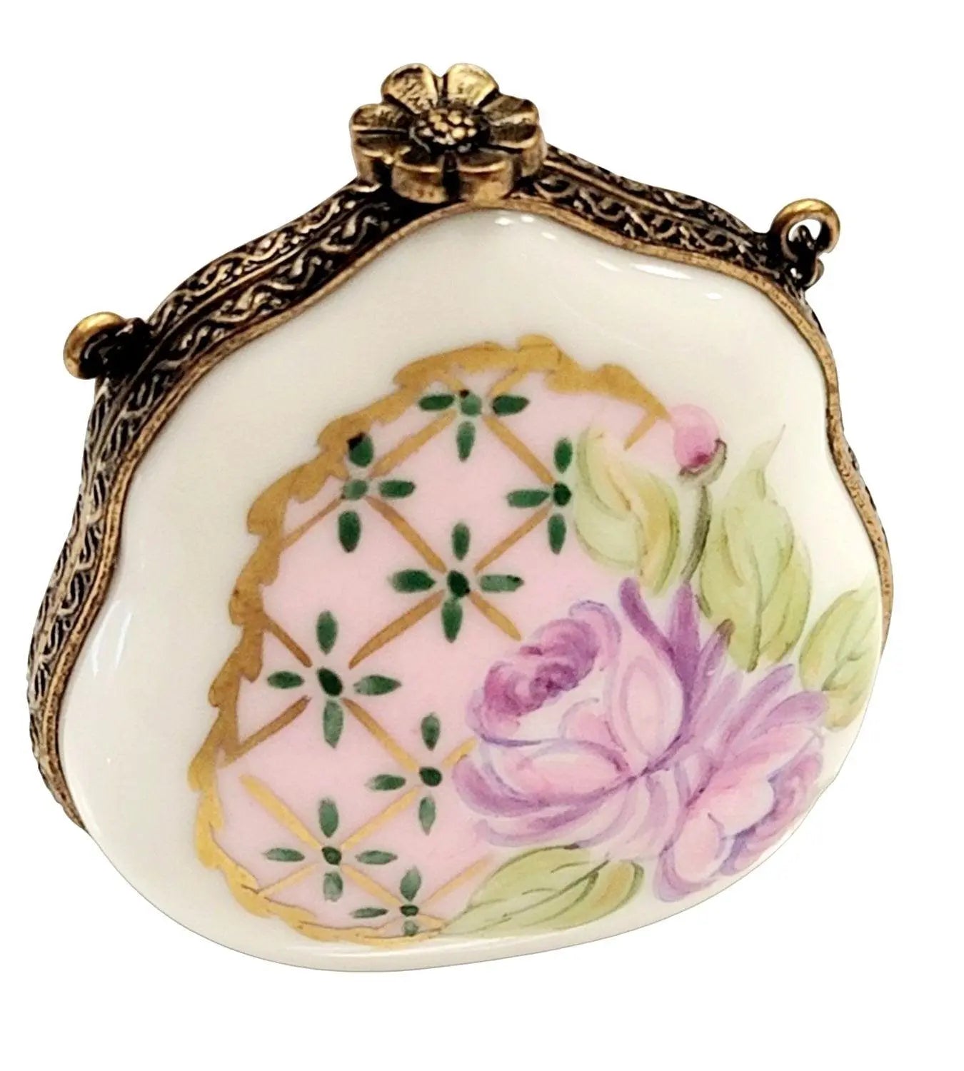Rose on Pink Purse Limoges Box Porcelain Limoges purse trinket box French Trinket Box