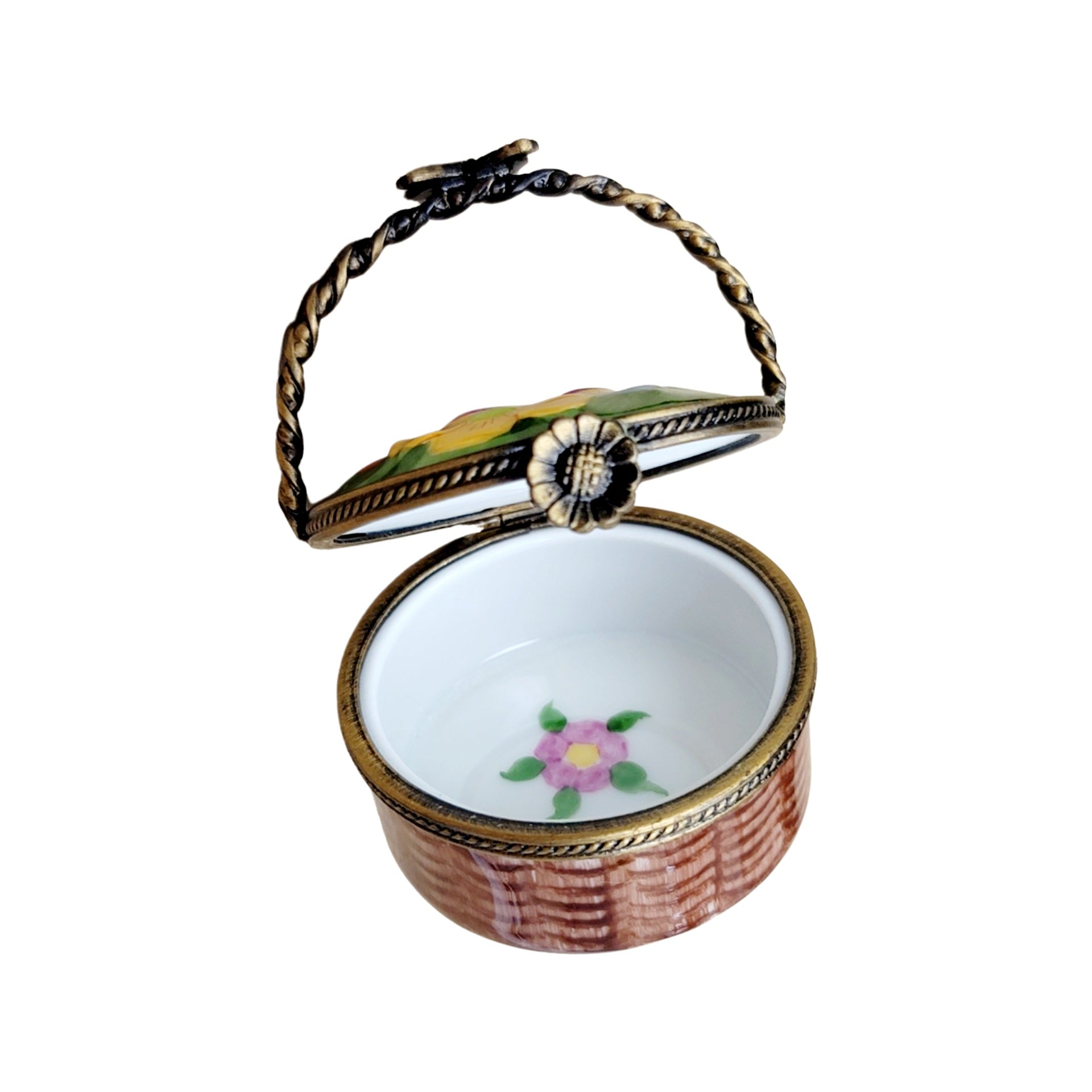 Round Floral Basket Limoges Pill Box Porcelain Limoges Garden flowers limoges boxes French Trinket Box