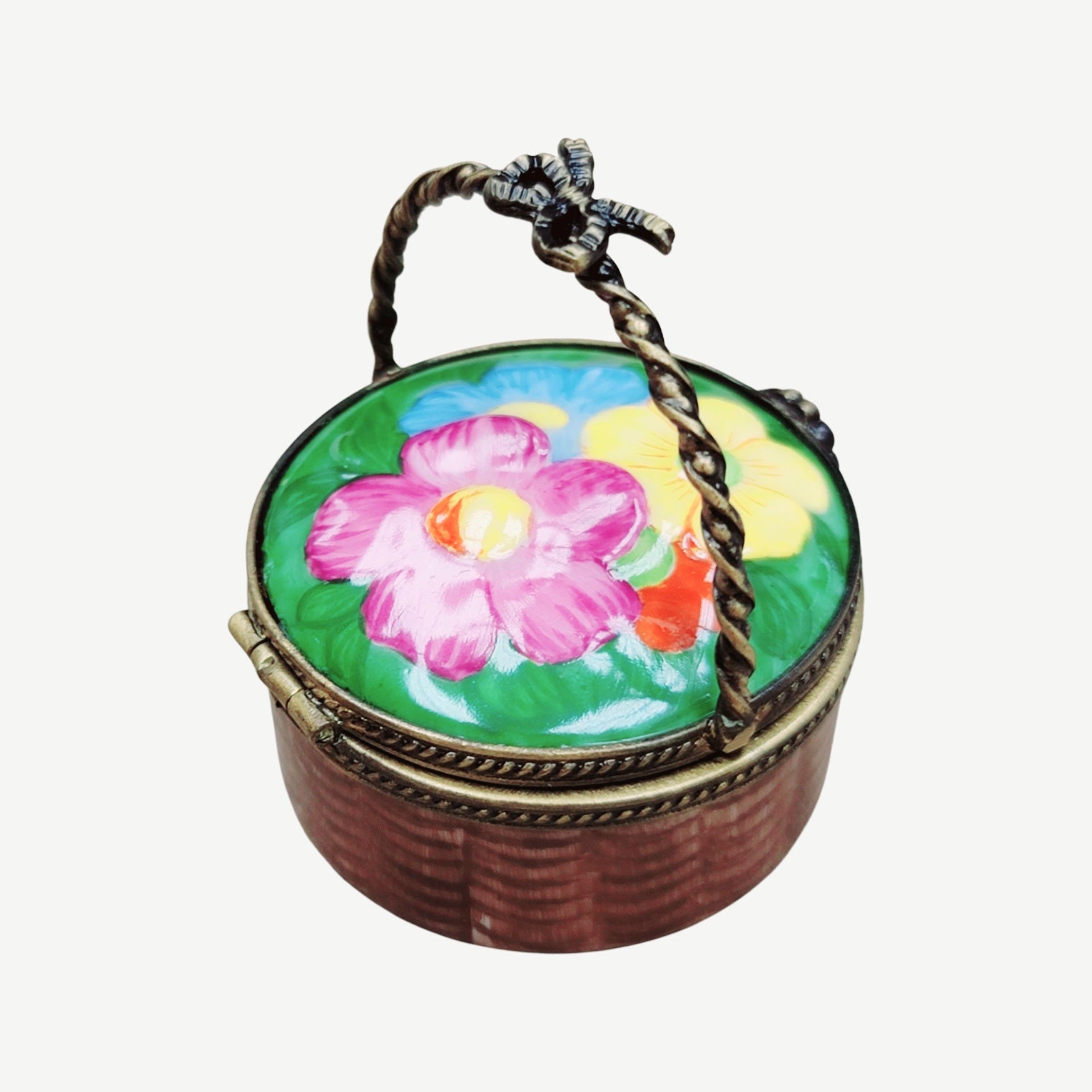 Round Floral Basket Limoges Pill Box Porcelain Limoges Garden flowers limoges boxes French Trinket Box