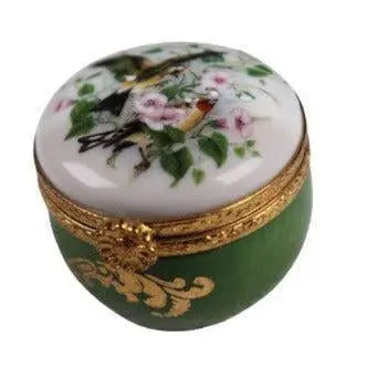 Round w Green Birds Decal Porcelain Limoges Traditional French Trinket Box