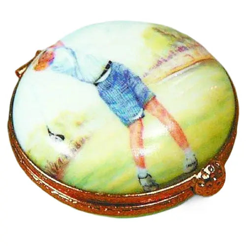 Round w Green Golfer Decal Porcelain Limoges sports French Trinket Box