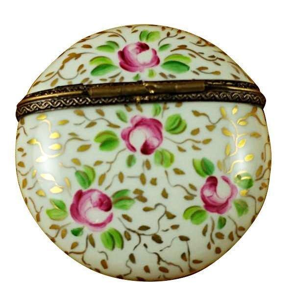 Round with Gold and Pink Flowers limoges box Porcelain Limoges French Trinket Box