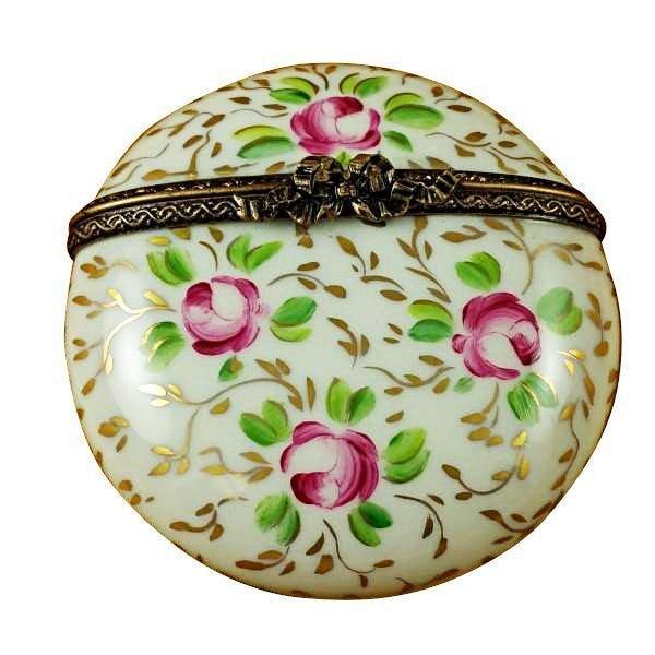 Round with Gold and Pink Flowers limoges box Porcelain Limoges French Trinket Box