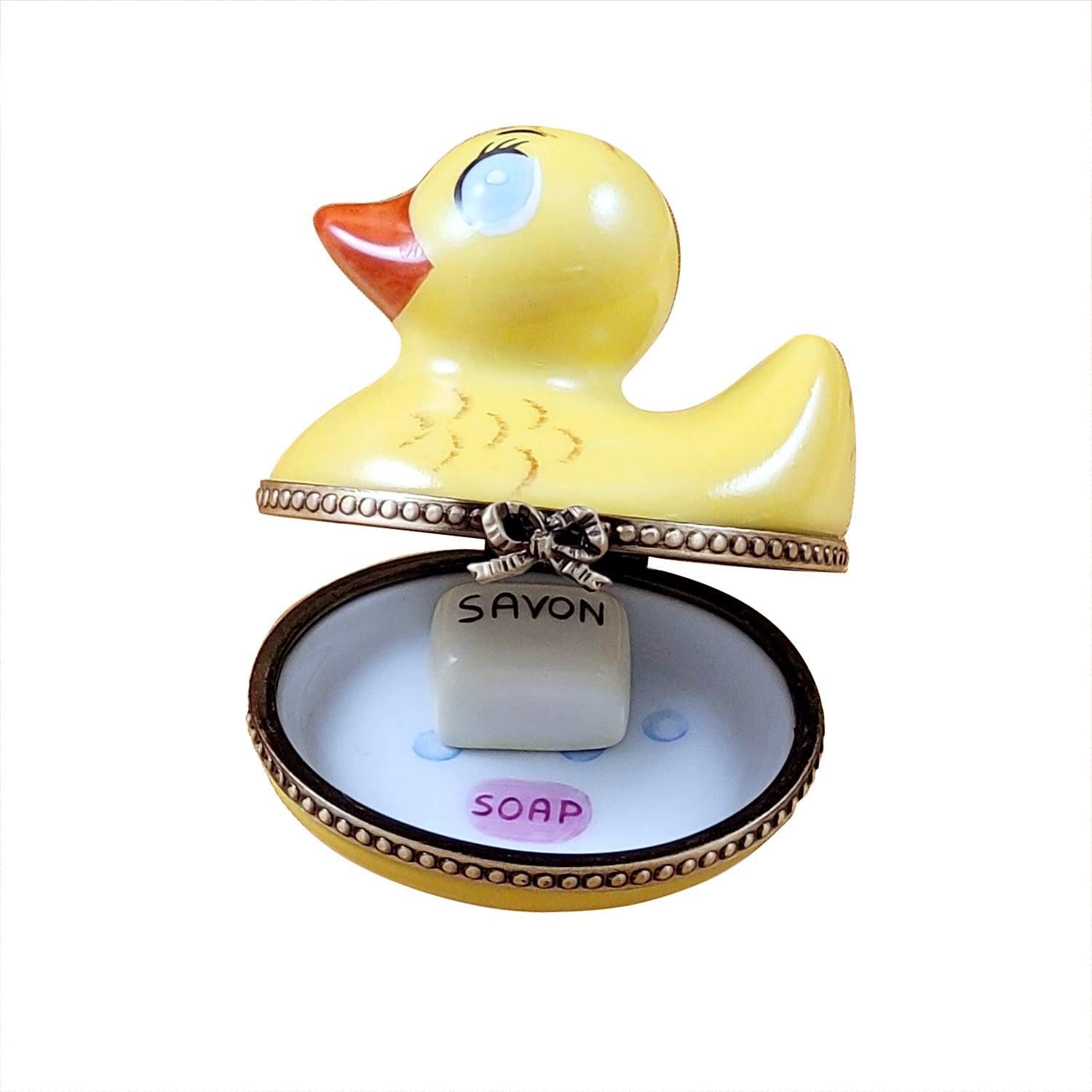 Rubber Duck with Yellow Soap Porcelain Limoges baby bird French Trinket Box