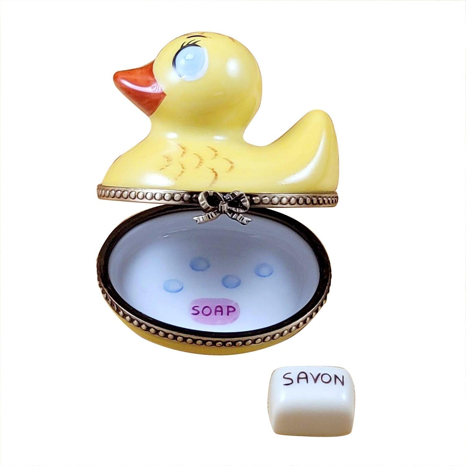 Rubber Duck with Yellow Soap Porcelain Limoges baby bird French Trinket Box