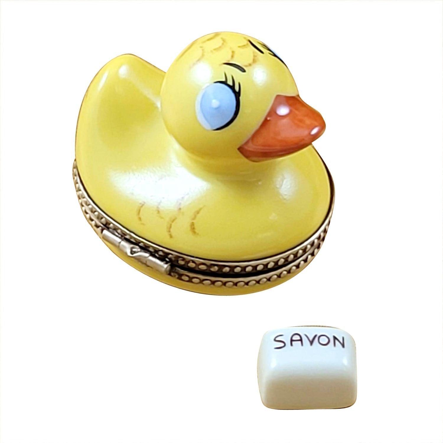 Rubber Duck with Yellow Soap Porcelain Limoges baby bird French Trinket Box