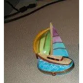 Sailboat: Multi Color Porcelain Limoges vehicle beach ocean French Trinket Box