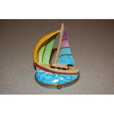 Sailboat: Multi Color Porcelain Limoges vehicle beach ocean French Trinket Box