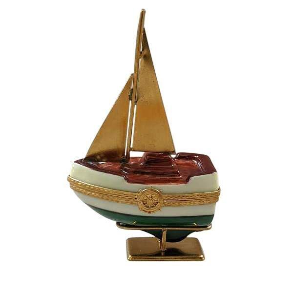 Sailboat with Brass Sails and Stand with Removable Anchor Porcelain Limoges united vehicle Limoges Boxes travel vehicles boat patriotic French Trinket Box