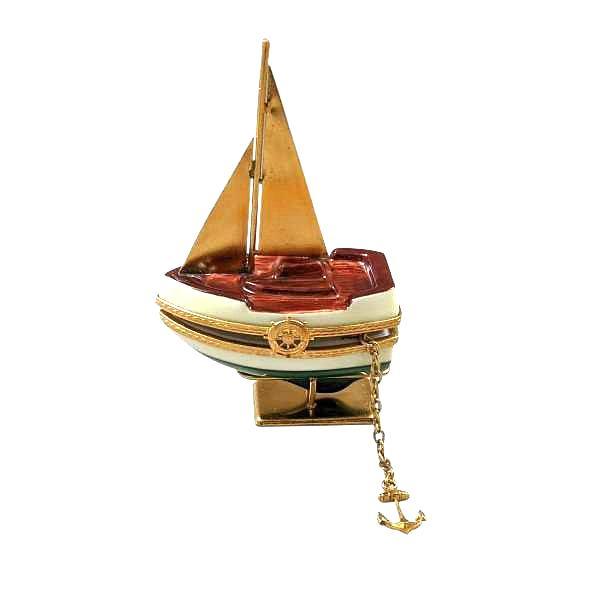 Sailboat with Brass Sails and Stand with Removable Anchor Porcelain Limoges united vehicle Limoges Boxes travel vehicles boat patriotic French Trinket Box