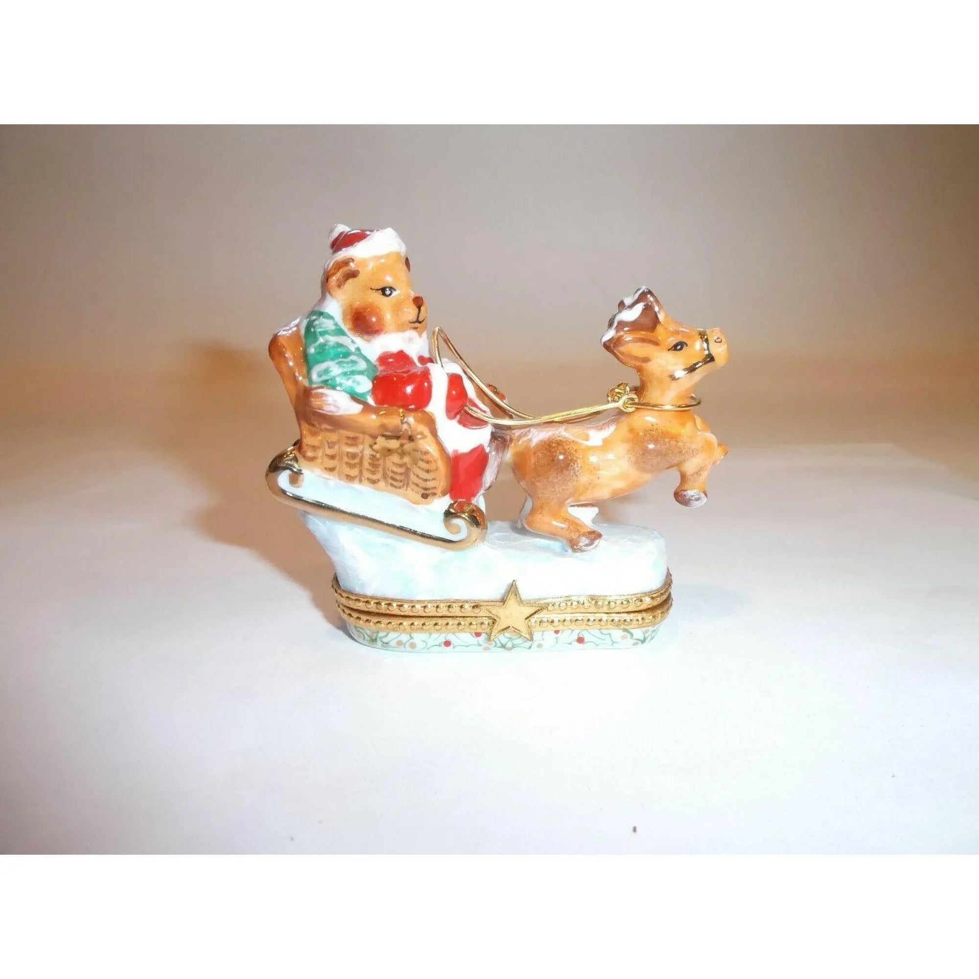 Santa Bear Sleigh Adventure Porcelain Limoges xmas theme teddy French Trinket Box