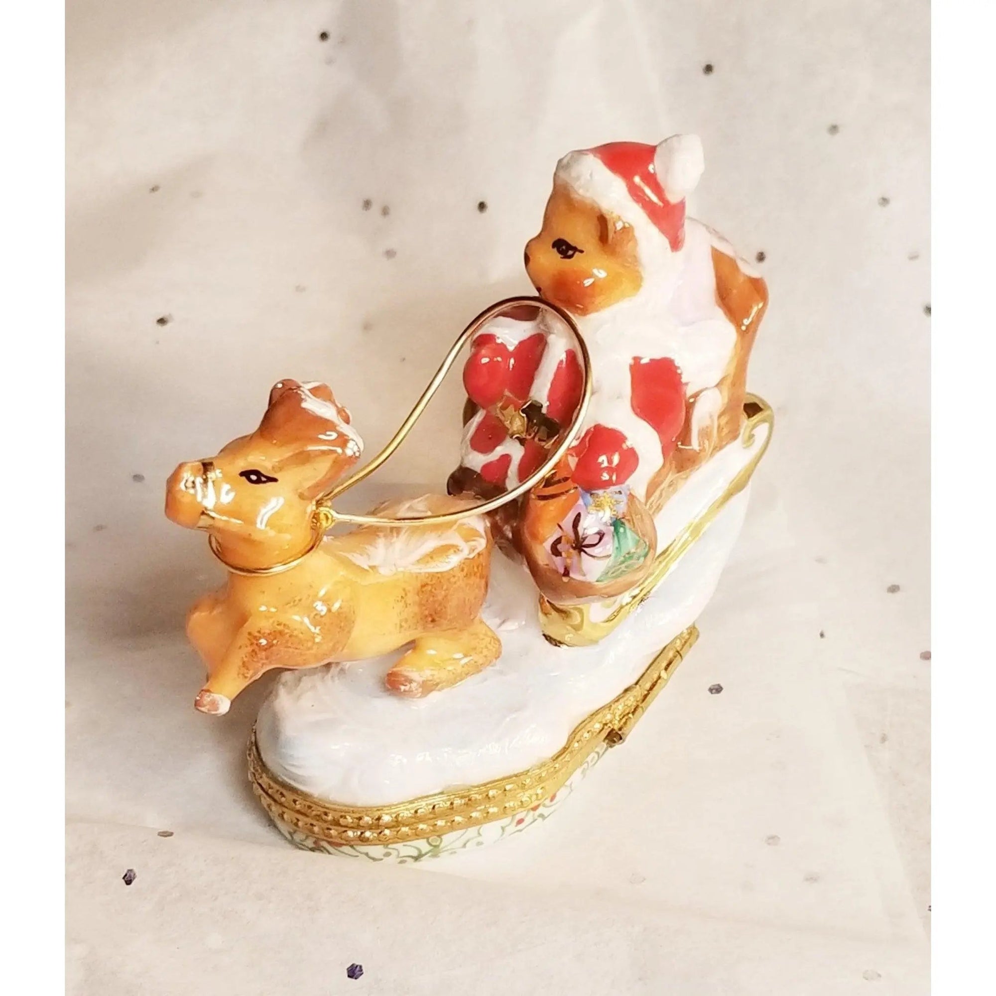 Santa Bear Sleigh Adventure Porcelain Limoges xmas theme teddy French Trinket Box