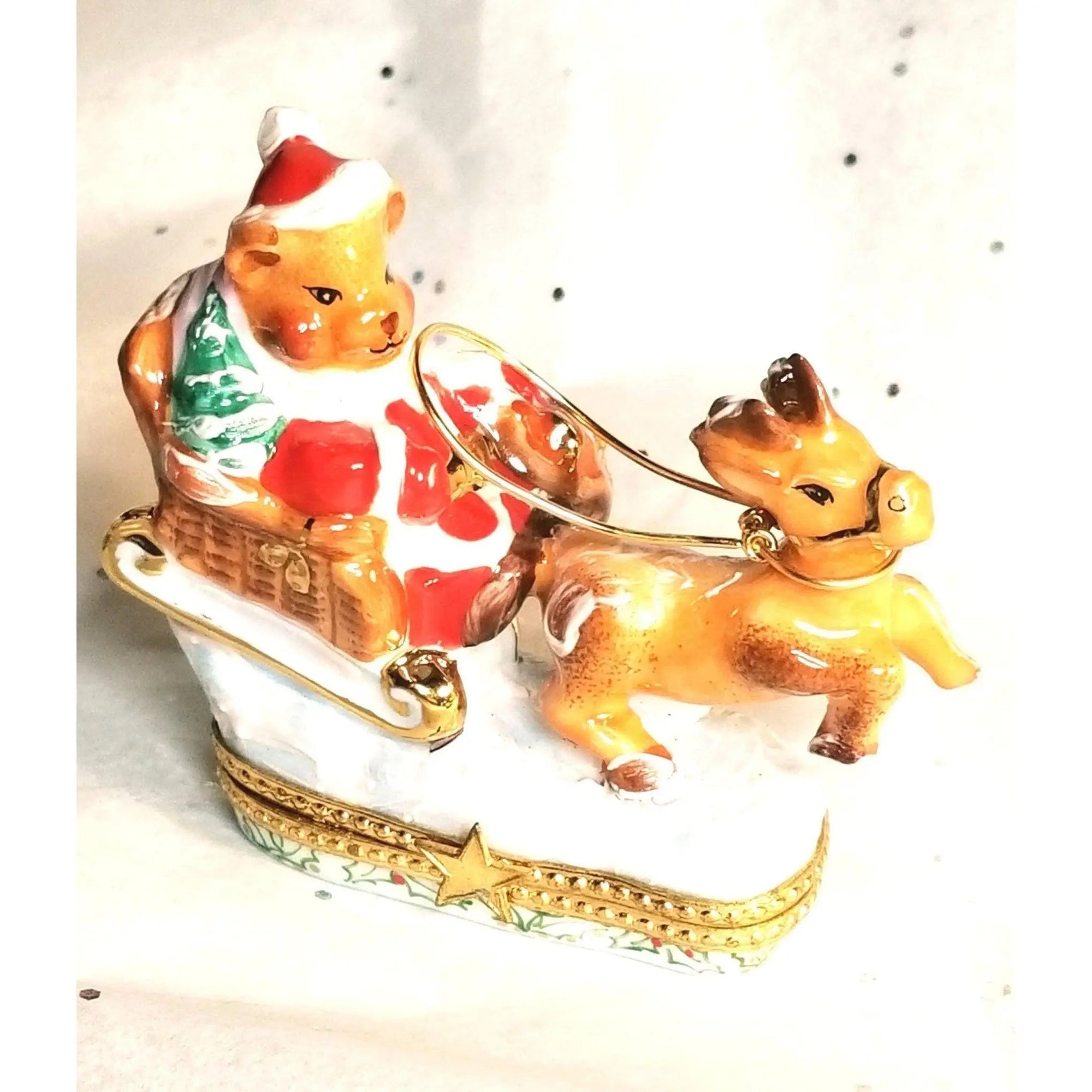 Santa Bear Sleigh Adventure Porcelain Limoges xmas theme teddy French Trinket Box