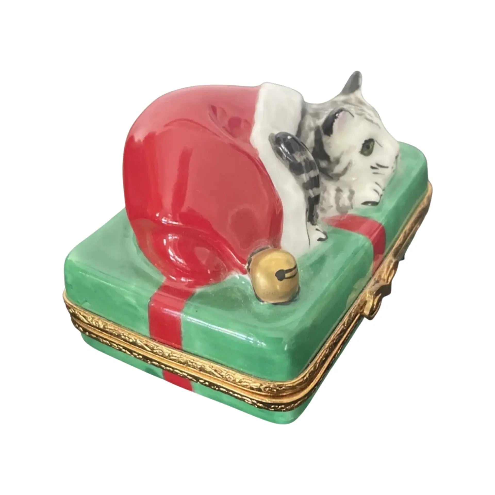Santa Cat Porcelain Limoges xmas theme santa claus cat French Trinket Box