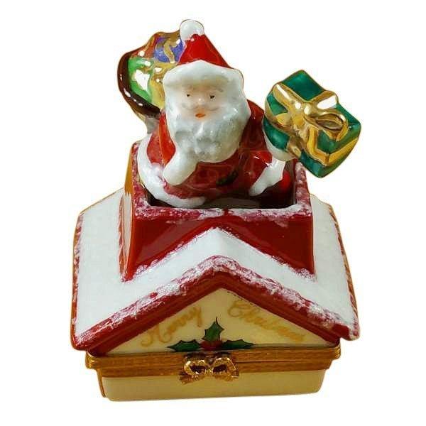 Santa Claus on Roof with Presents Porcelain Limoges Santa French Trinket Box