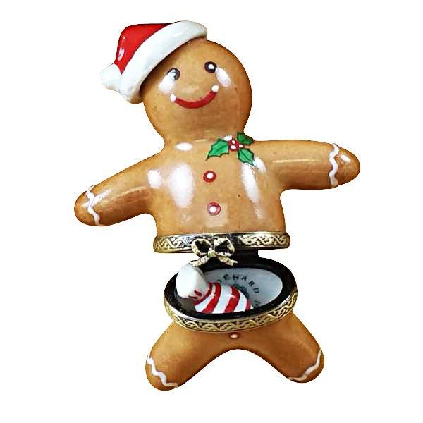 Santa Gingerbread Man with 3D Hat and Removable Peppermint Candy Porcelain Limoges xmas santa French Trinket Box