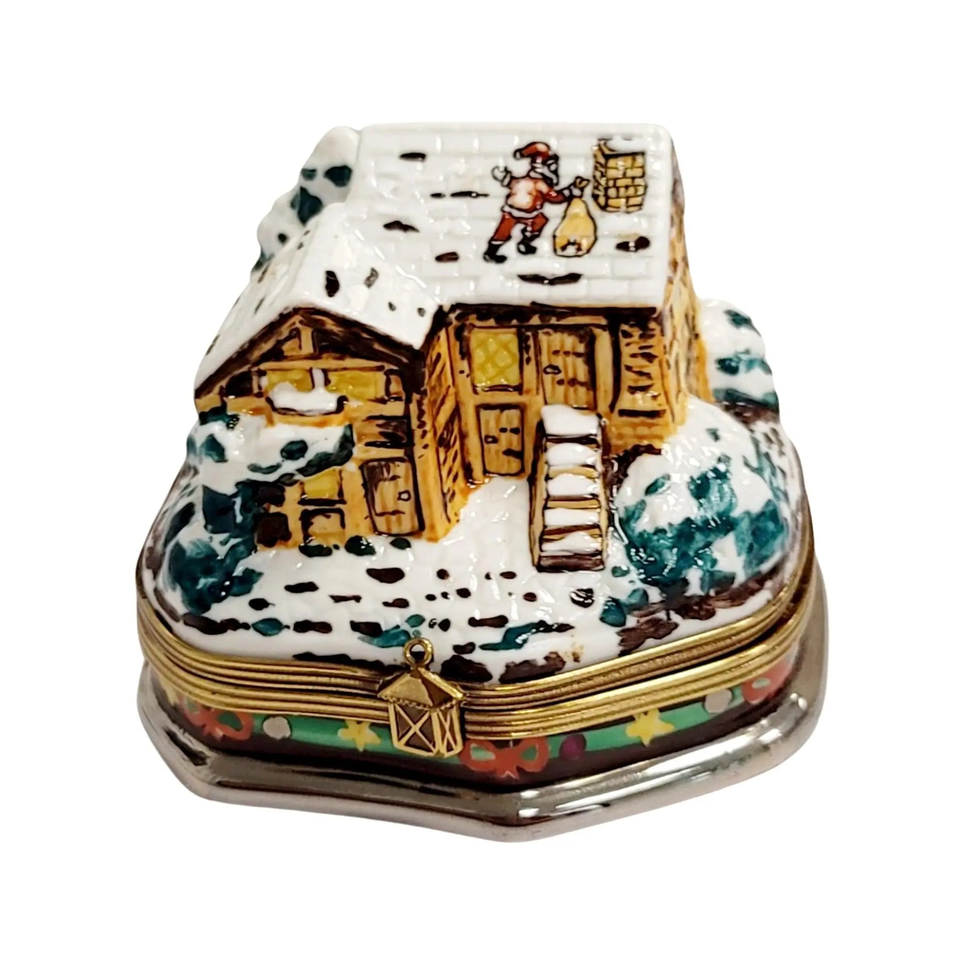Santa On Winter Cottage Roof Porcelain Limoges santa christmas French Trinket Box