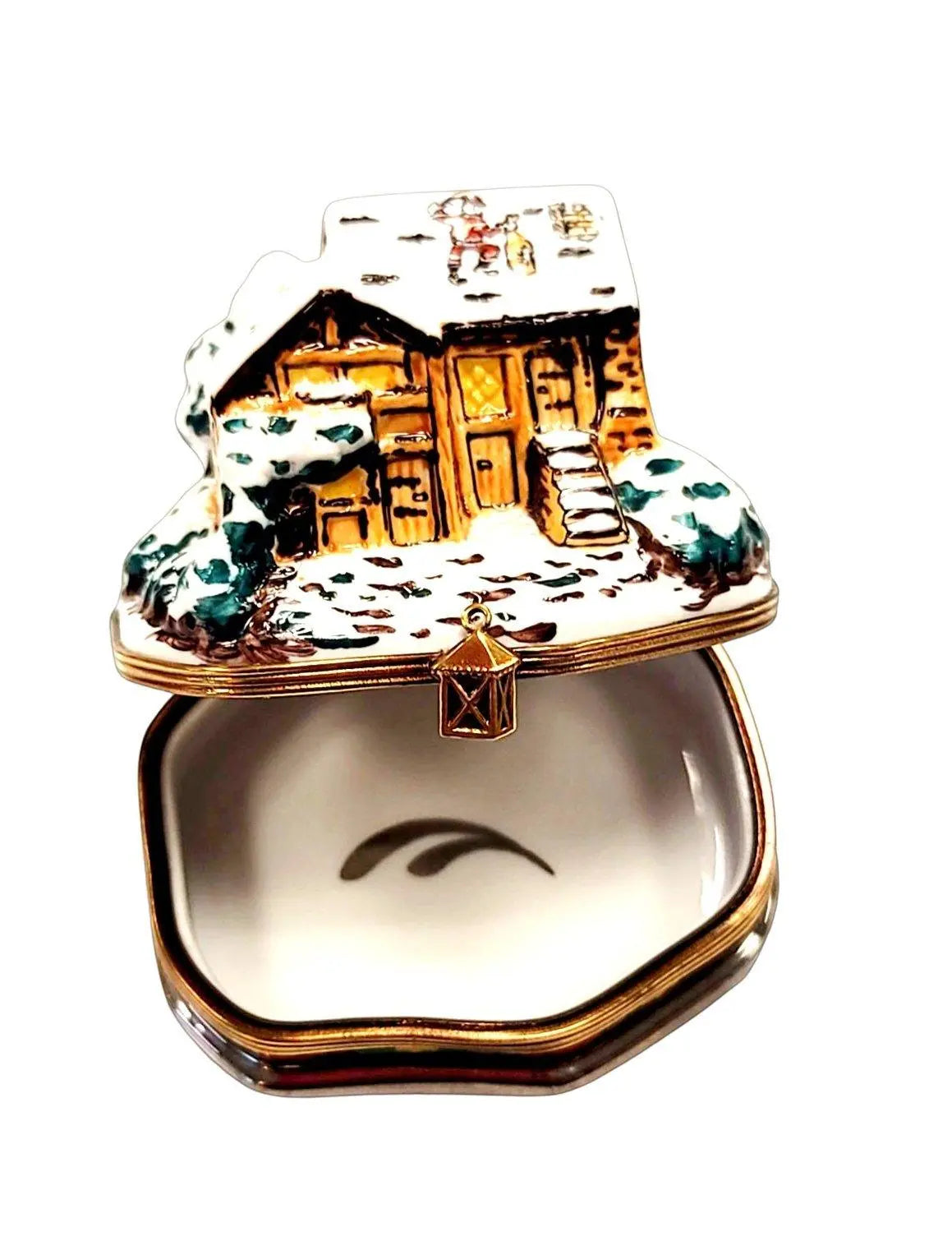 Santa On Winter Cottage Roof Porcelain Limoges santa christmas French Trinket Box