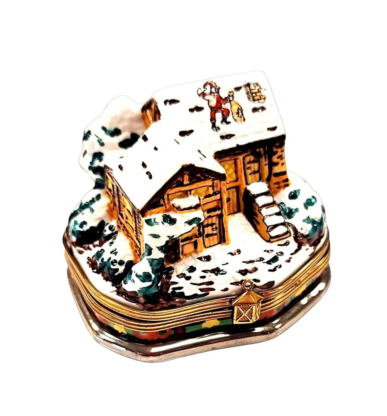 Santa On Winter Cottage Roof Porcelain Limoges santa christmas French Trinket Box