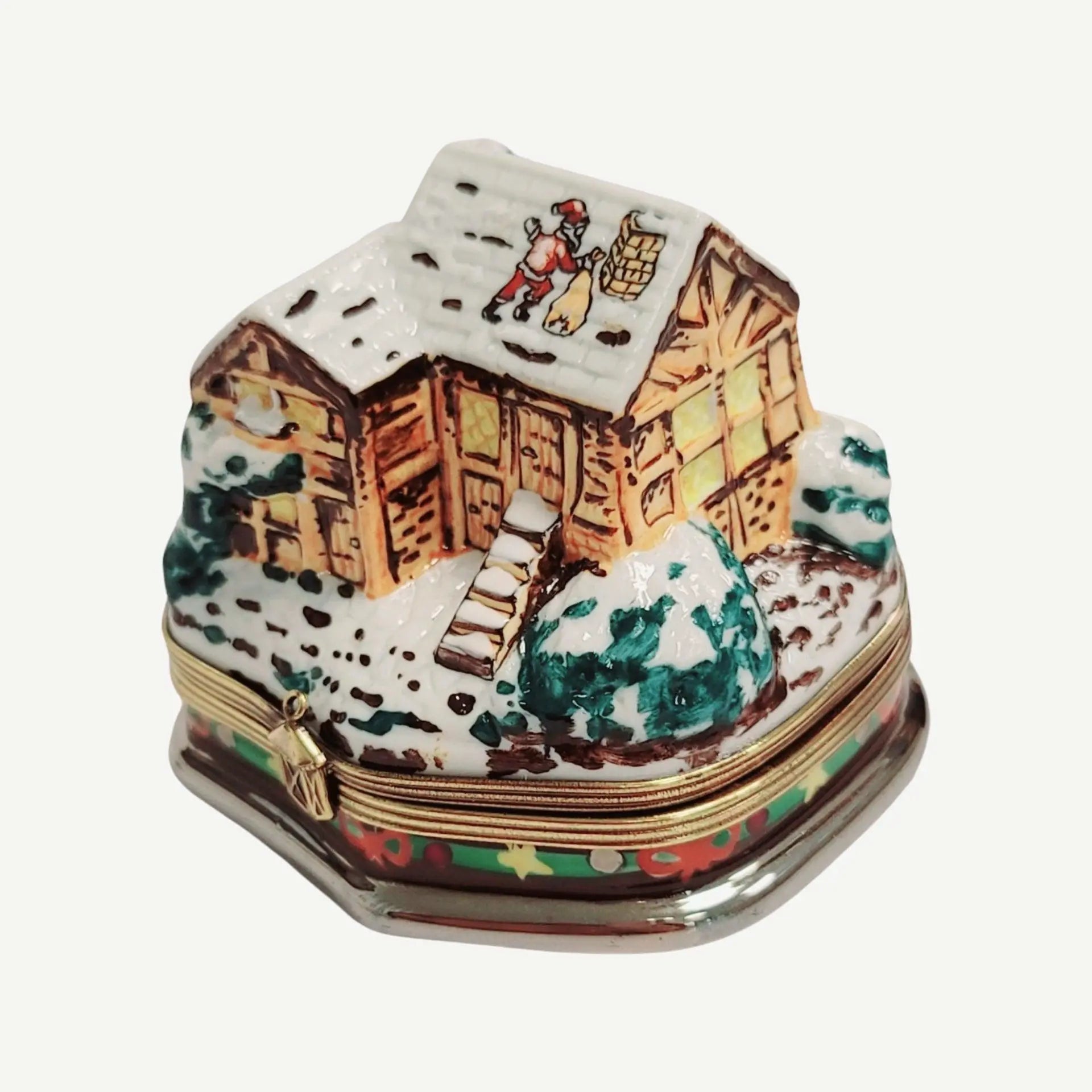 Santa On Winter Cottage Roof Porcelain Limoges santa christmas French Trinket Box