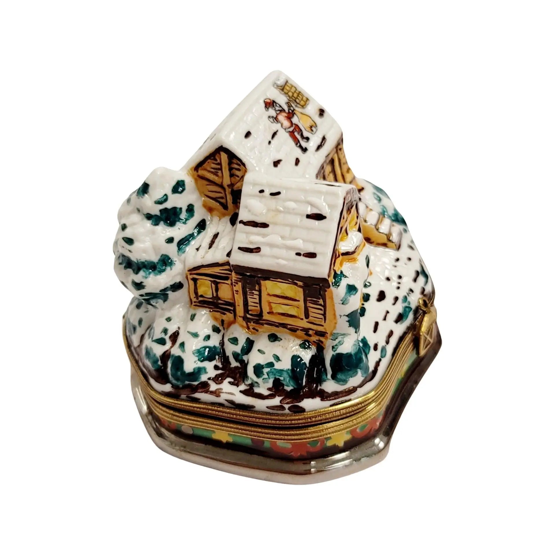 Santa On Winter Cottage Roof Porcelain Limoges santa christmas French Trinket Box