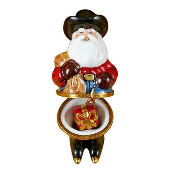 Santa Texas with Hat Boots Rope & Removable Present Porcelain Limoges santa French Trinket Box