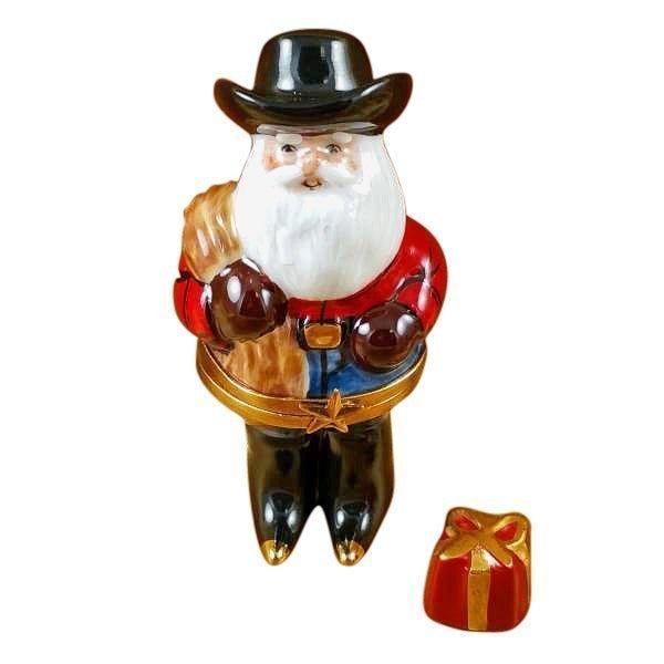 Santa Texas with Hat Boots Rope & Removable Present Porcelain Limoges santa French Trinket Box