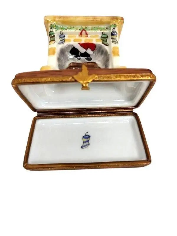 Santa in Cozy Fireplace Porcelain Limoges santa christmas xmas French Trinket Box