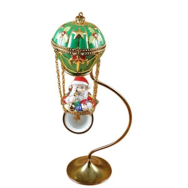 Santa in Hot Air Balloon with Brass Stand Porcelain Limoges Santa vehicle French Trinket Box