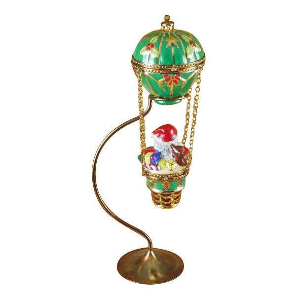 Santa in Hot Air Balloon with Brass Stand Porcelain Limoges Santa vehicle French Trinket Box