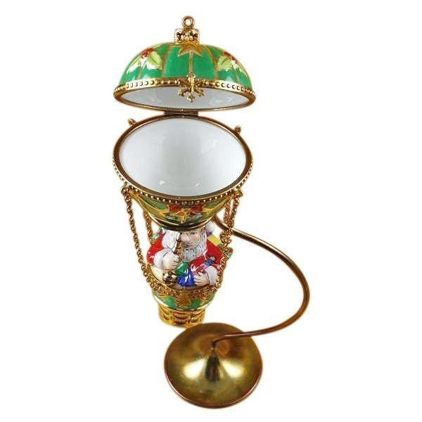 Santa in Hot Air Balloon with Brass Stand Porcelain Limoges Santa vehicle French Trinket Box