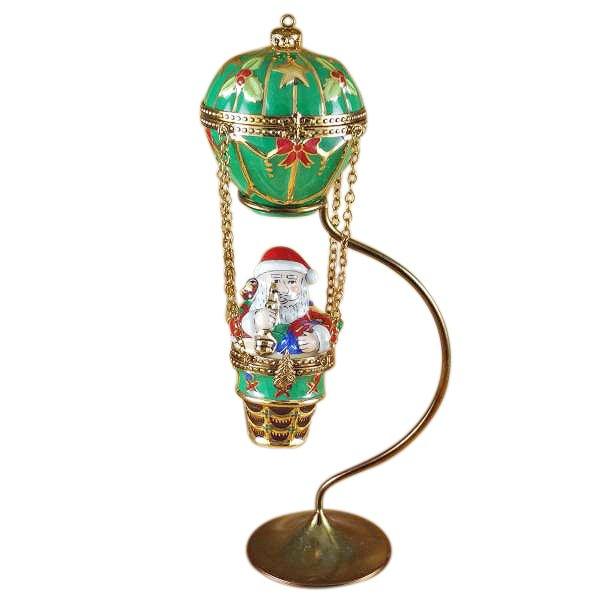 Santa in Hot Air Balloon with Brass Stand Porcelain Limoges Santa vehicle French Trinket Box