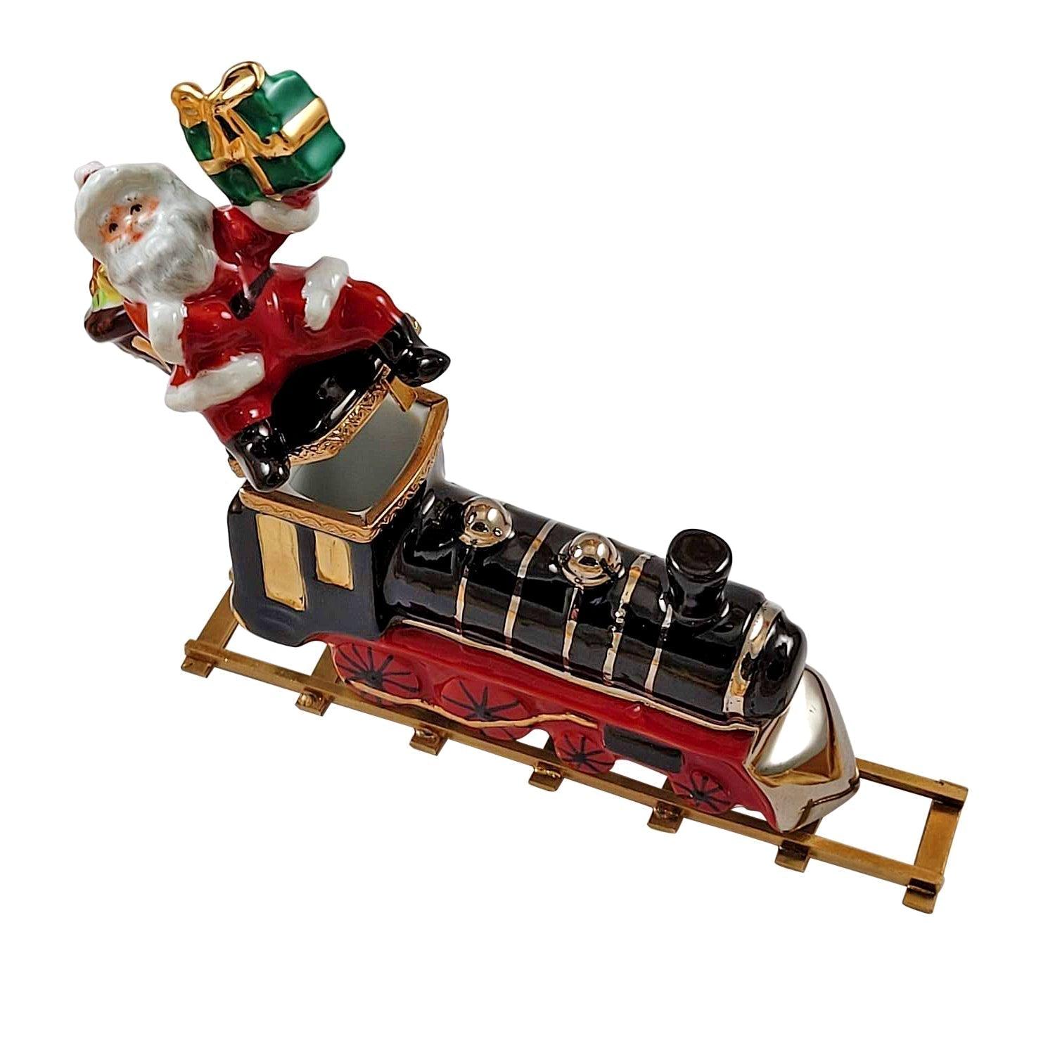 Santa on Train with Brass Track Porcelain Limoges Santa French Trinket Box