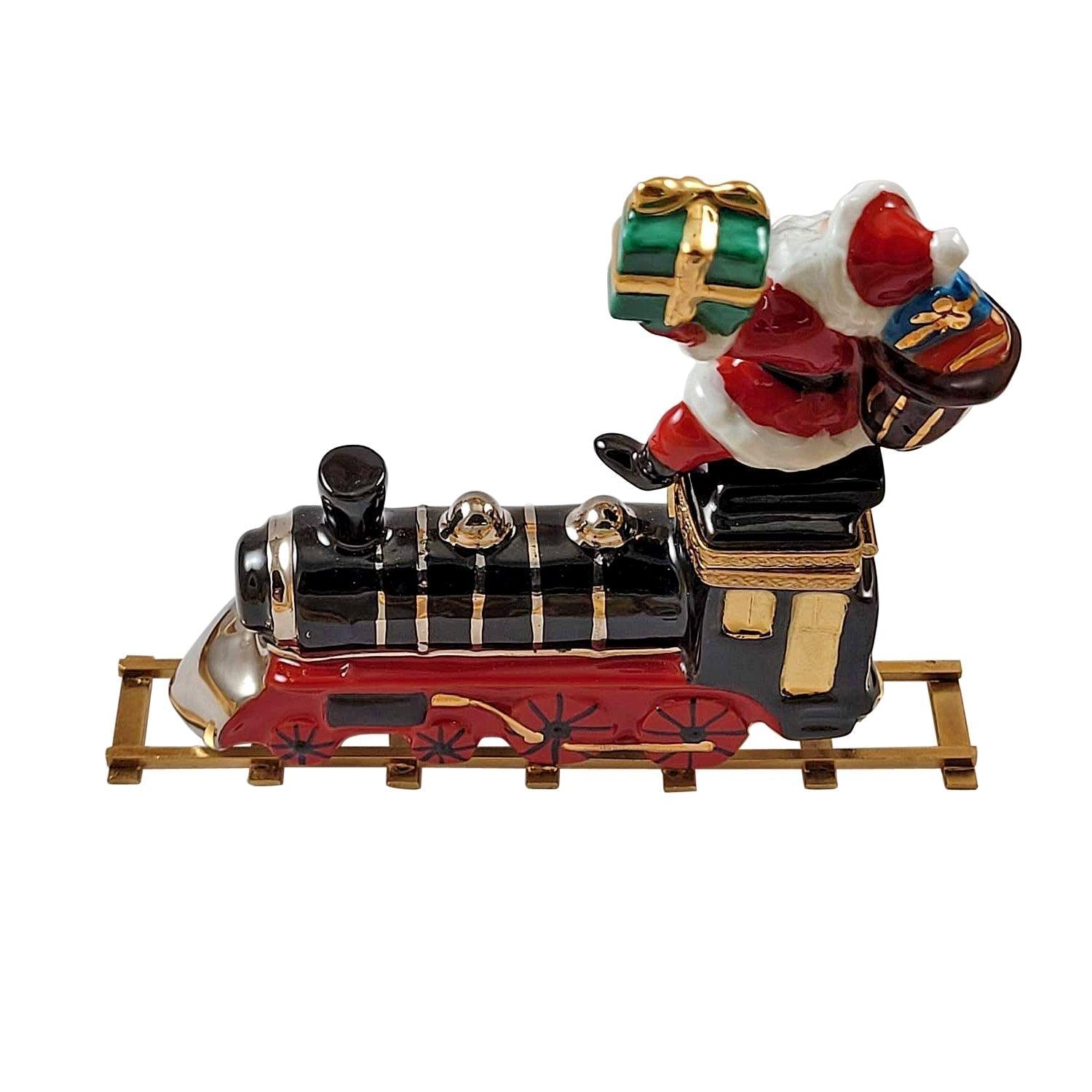 Santa on Train with Brass Track Porcelain Limoges Santa French Trinket Box