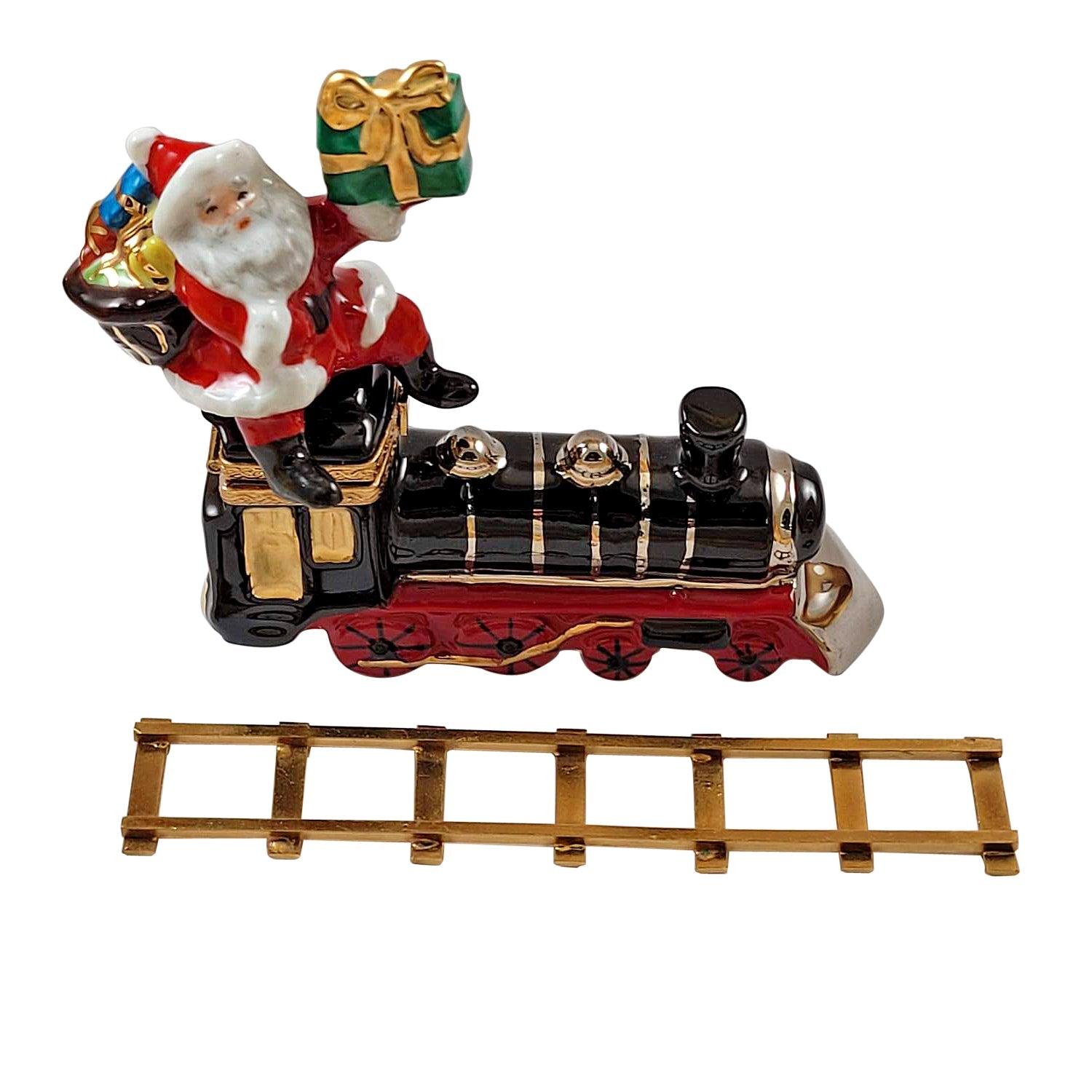 Santa on Train with Brass Track Porcelain Limoges Santa French Trinket Box