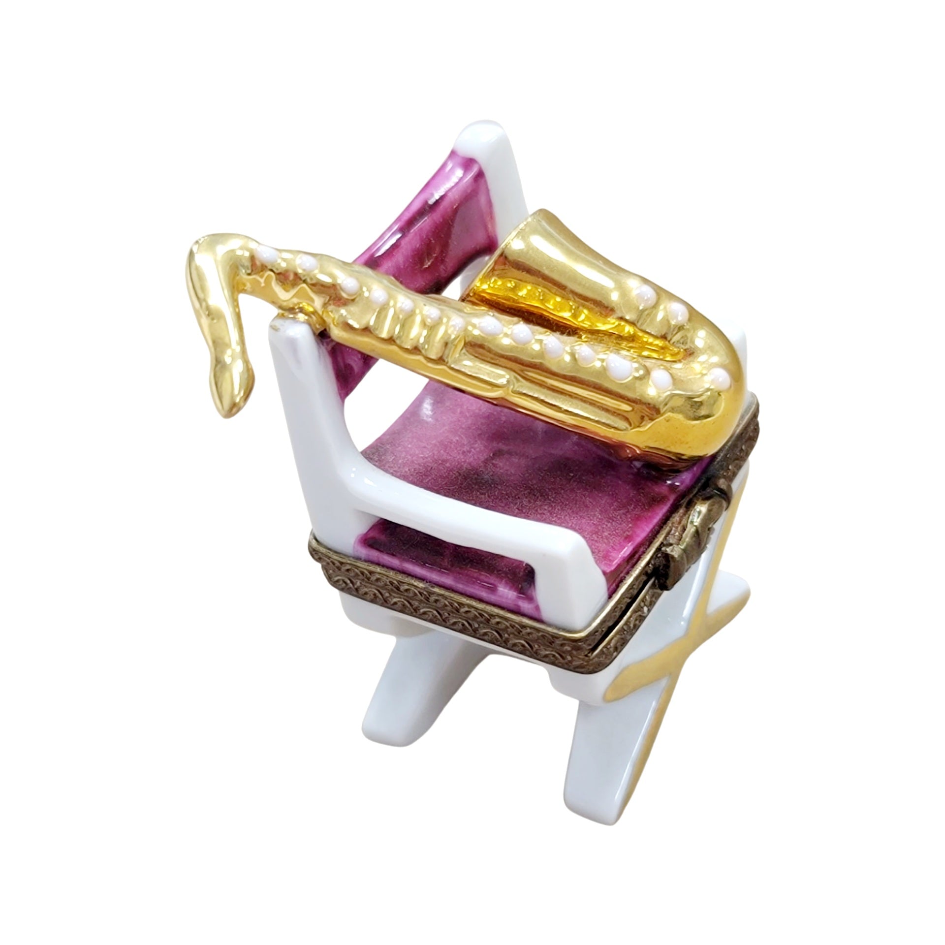 Saxophone Charm on Chair Porcelain Limoges Music furniture French Trinket Box