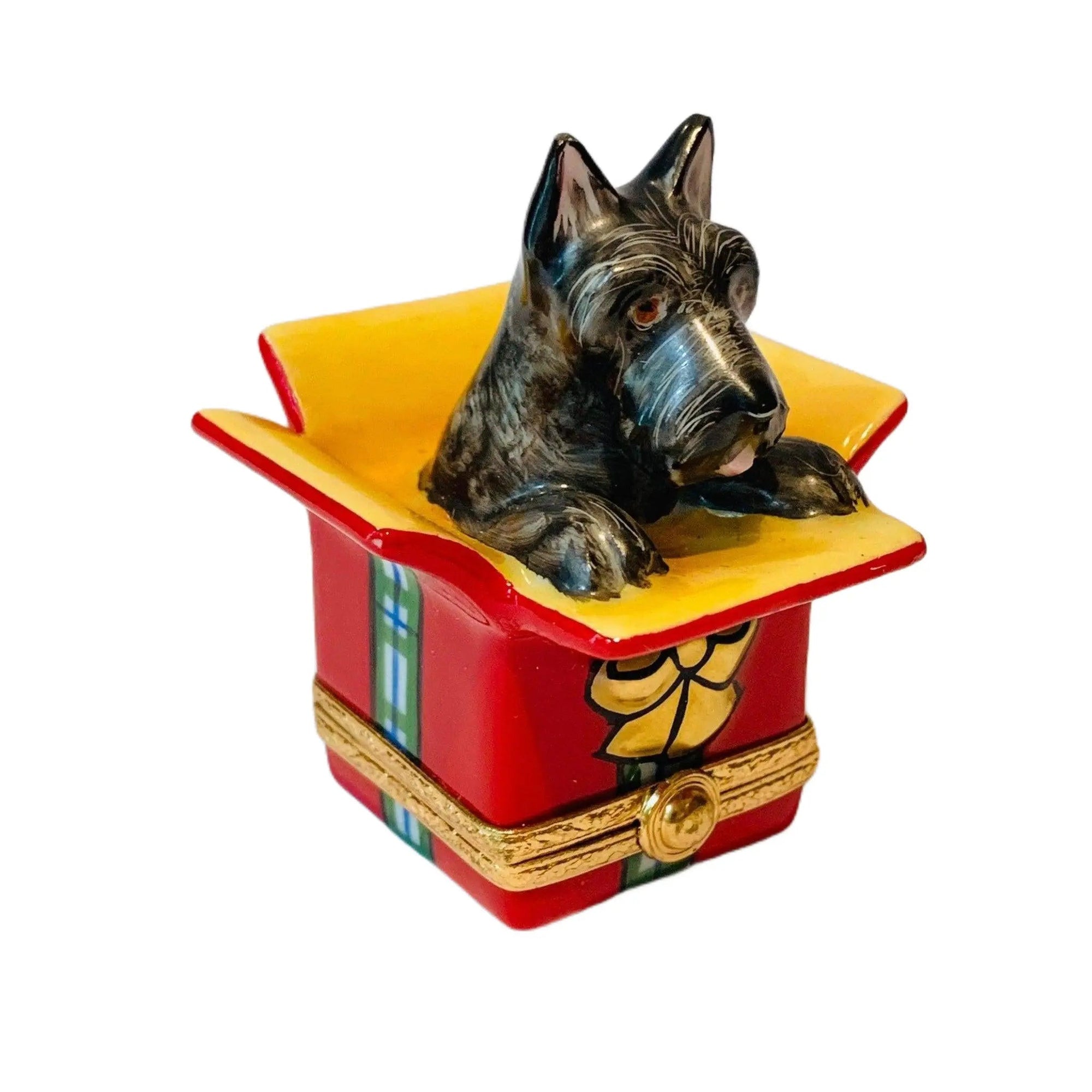 Scottie In Present For Christmas Porcelain Limoges dog dogs xmas theme French Trinket Box