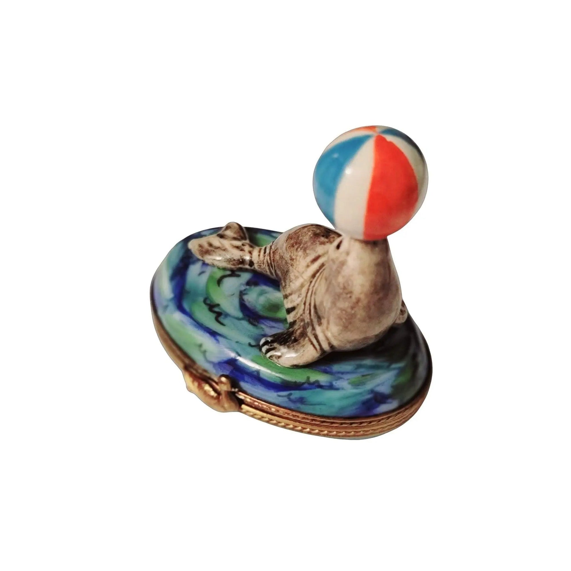 Seal with Beach Ball Trinket Porcelain Limoges Limoges Ocean Fish beach Limoges Boxes French Trinket Box