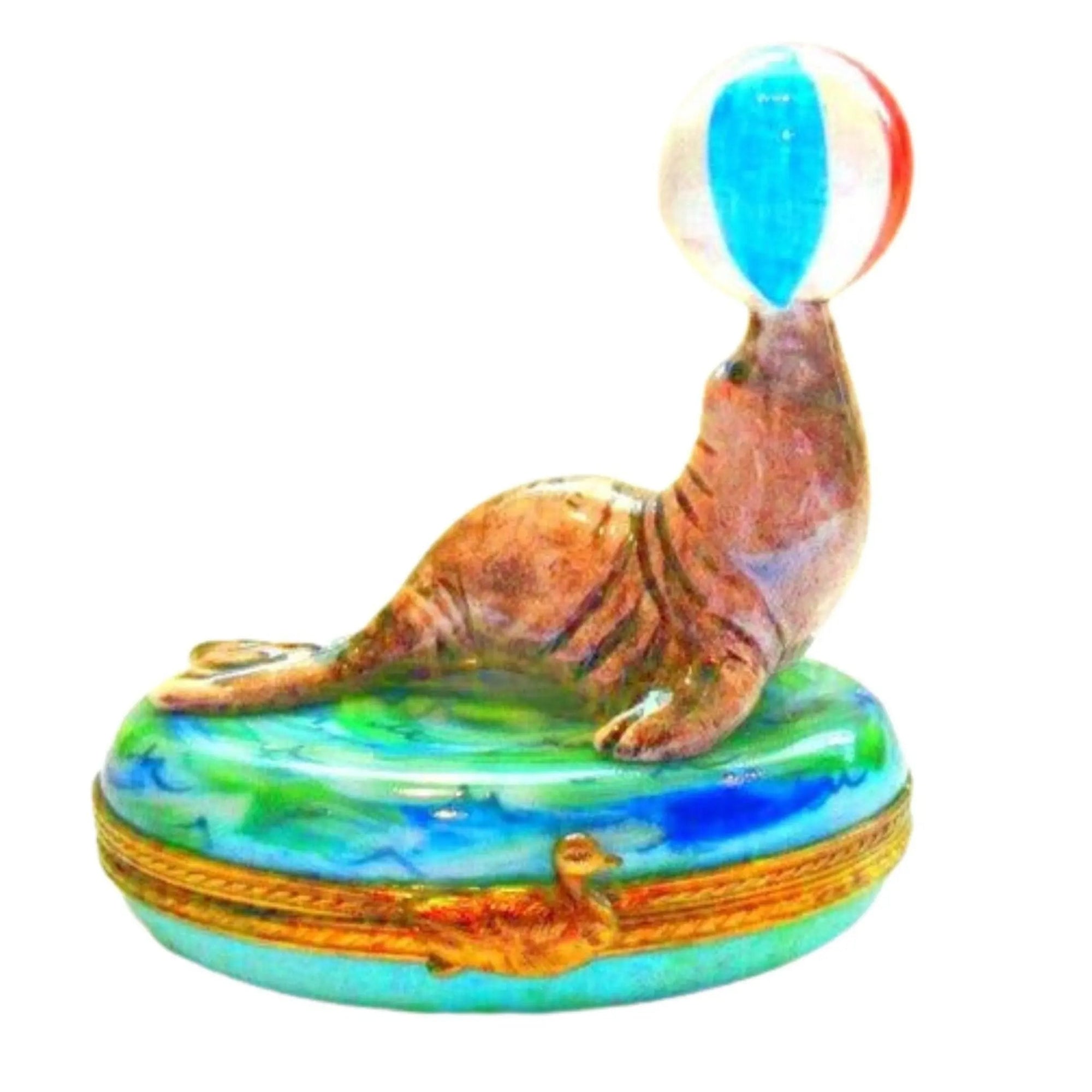 Seal with Beach Ball Trinket Porcelain Limoges Limoges Ocean Fish beach Limoges Boxes French Trinket Box