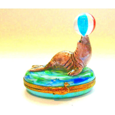 Seal with Beach Ball Trinket Porcelain Limoges Limoges Ocean Fish beach Limoges Boxes French Trinket Box