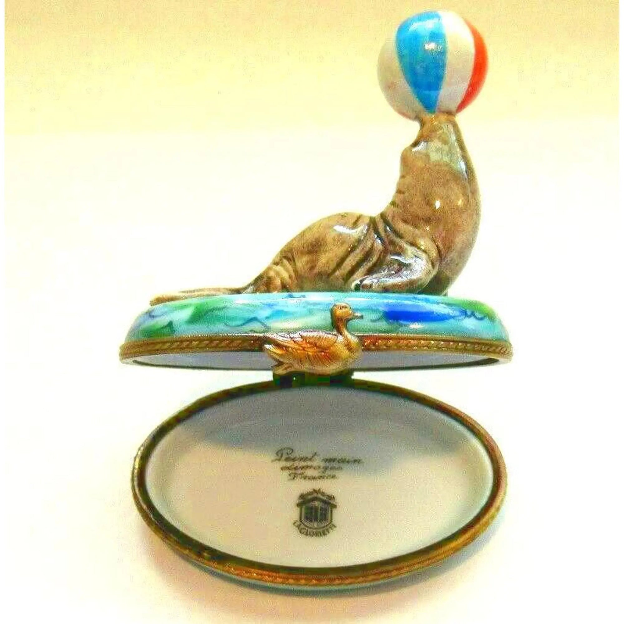 Seal with Beach Ball Trinket Porcelain Limoges Limoges Ocean Fish beach Limoges Boxes French Trinket Box