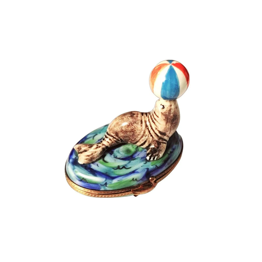 Seal with Beach Ball Trinket Porcelain Limoges Limoges Ocean Fish beach Limoges Boxes French Trinket Box