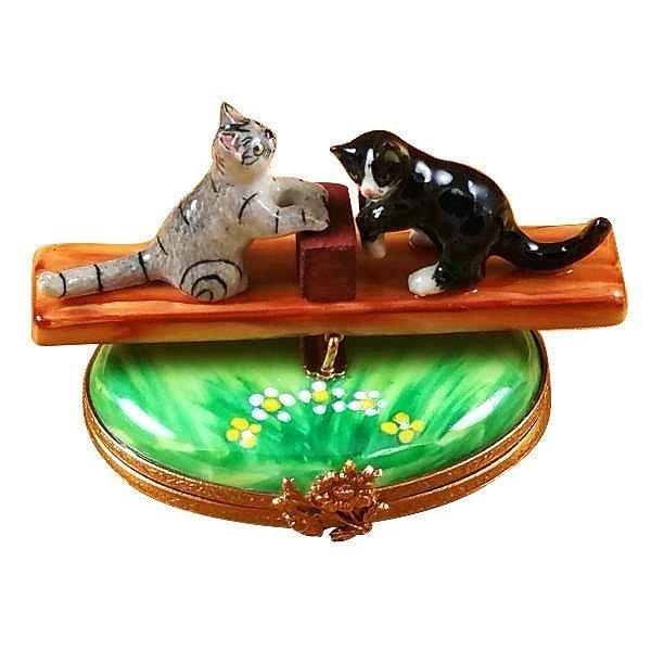 See Saw Cats Porcelain Limoges cat siamese baby French Trinket Box