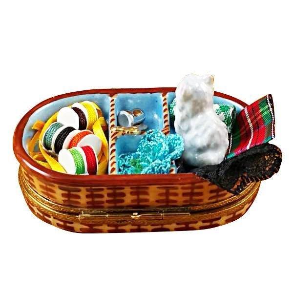 Sewing Basket with Cat Porcelain Limoges Home Cat French Trinket Box